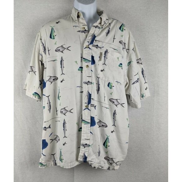 Columbia White Fishing Ocean Fish Button Down Shirt Size Medium - Picture 1 of 11